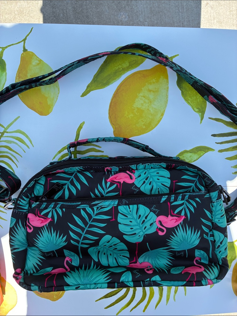 Lug Flamingo Print Crossbody Bag - Black, Pink & Teal - Picture 11 of 15